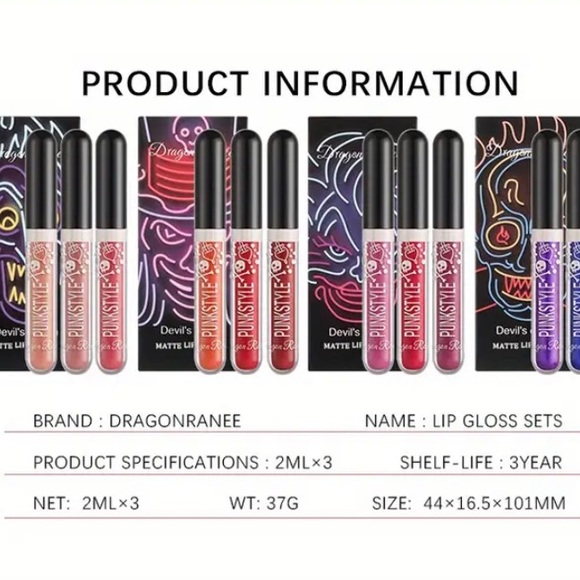 DRAGON RANEE Devil’s Dream Glitter Liquid Tinted Lip Gloss Set Purple Blue Black - Picture 4 of 6